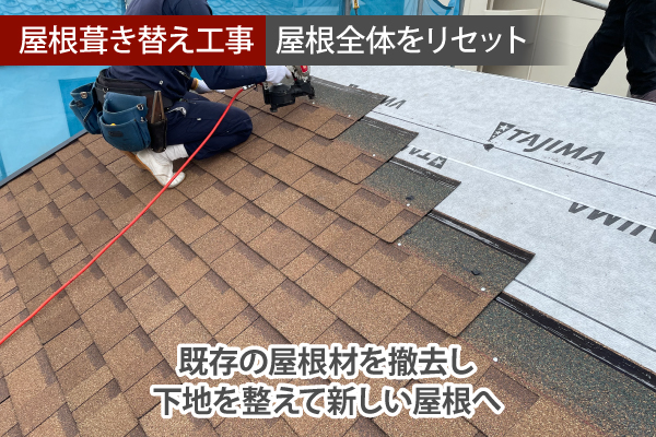 既存の屋根材を撤去し下地を整えて新しい屋根へ